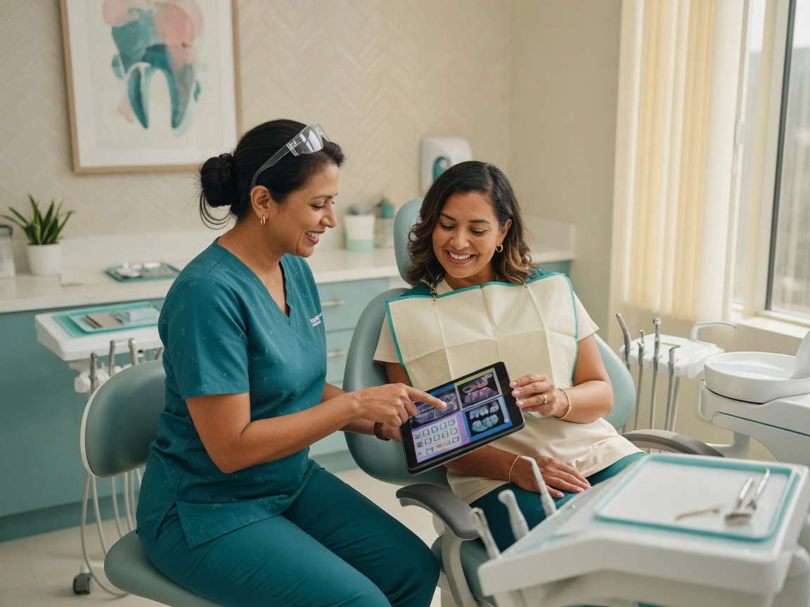 Dentista revisando un plan de tratamiento personalizado con una paciente en nuestra clínica de Sterling, VA