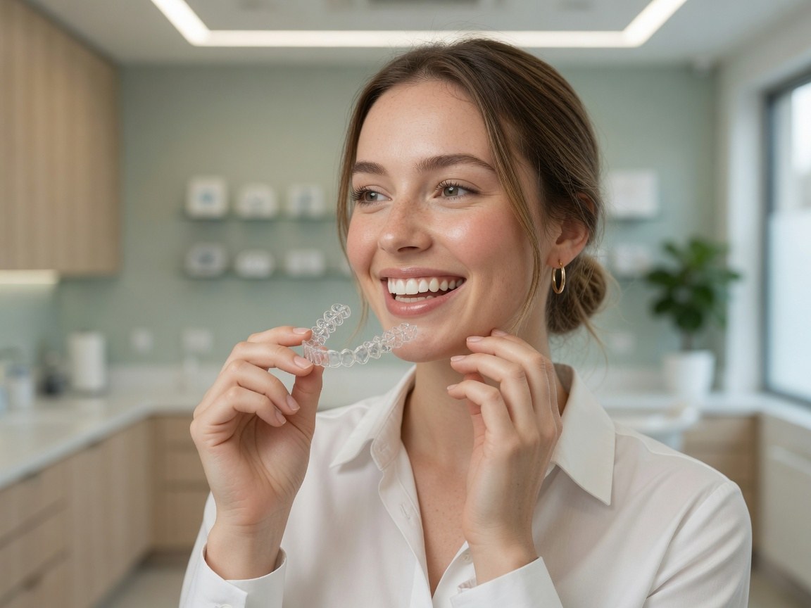 Paciente con alineador transparente ilustrando Invisalign en Sterling, VA